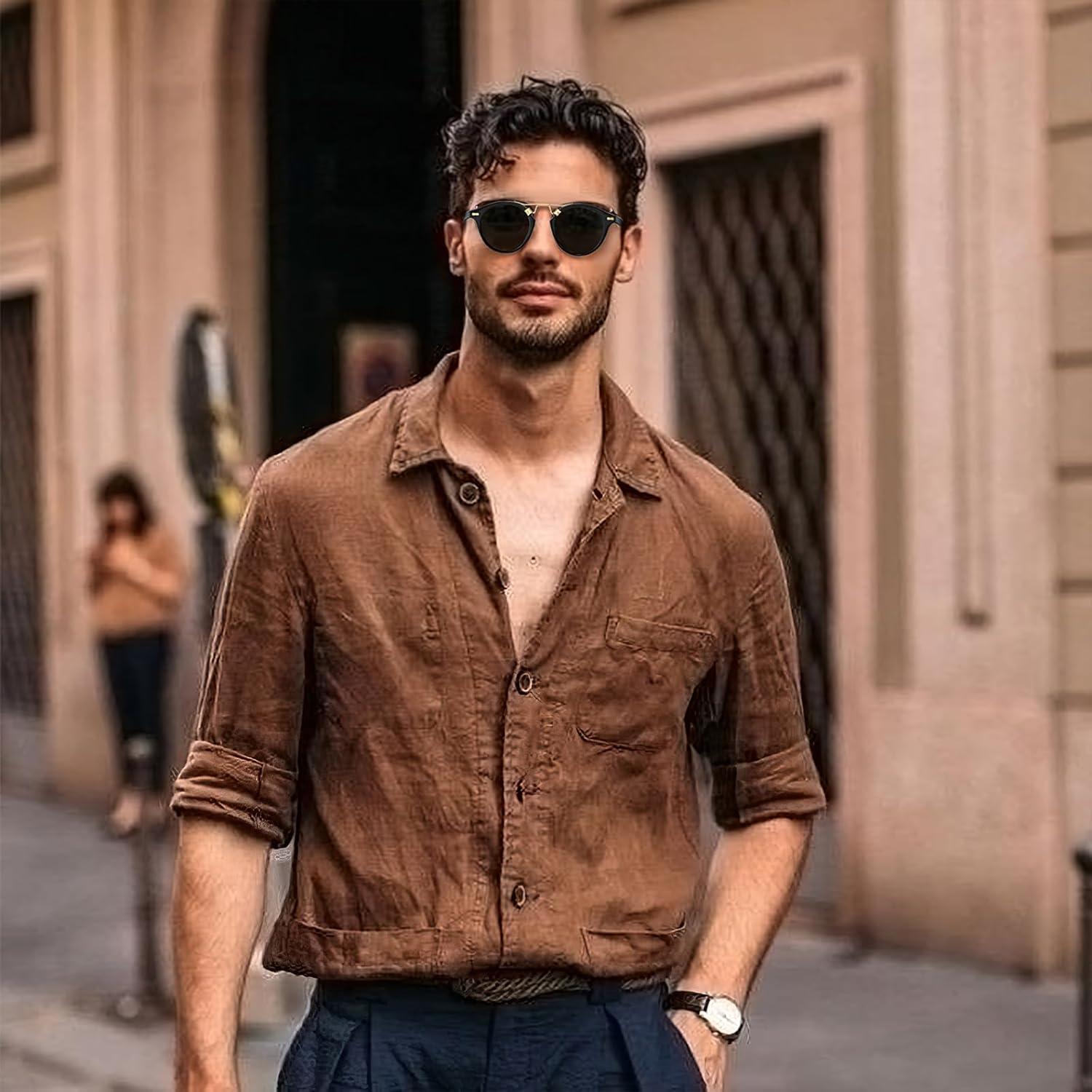imageCARFIA Double Bridge Acetate Polarized Sunglasses for Men UV Protection Retro Cool Male Eyewears Metal Brow Round Sunnies1 Black Frame Grey Lens