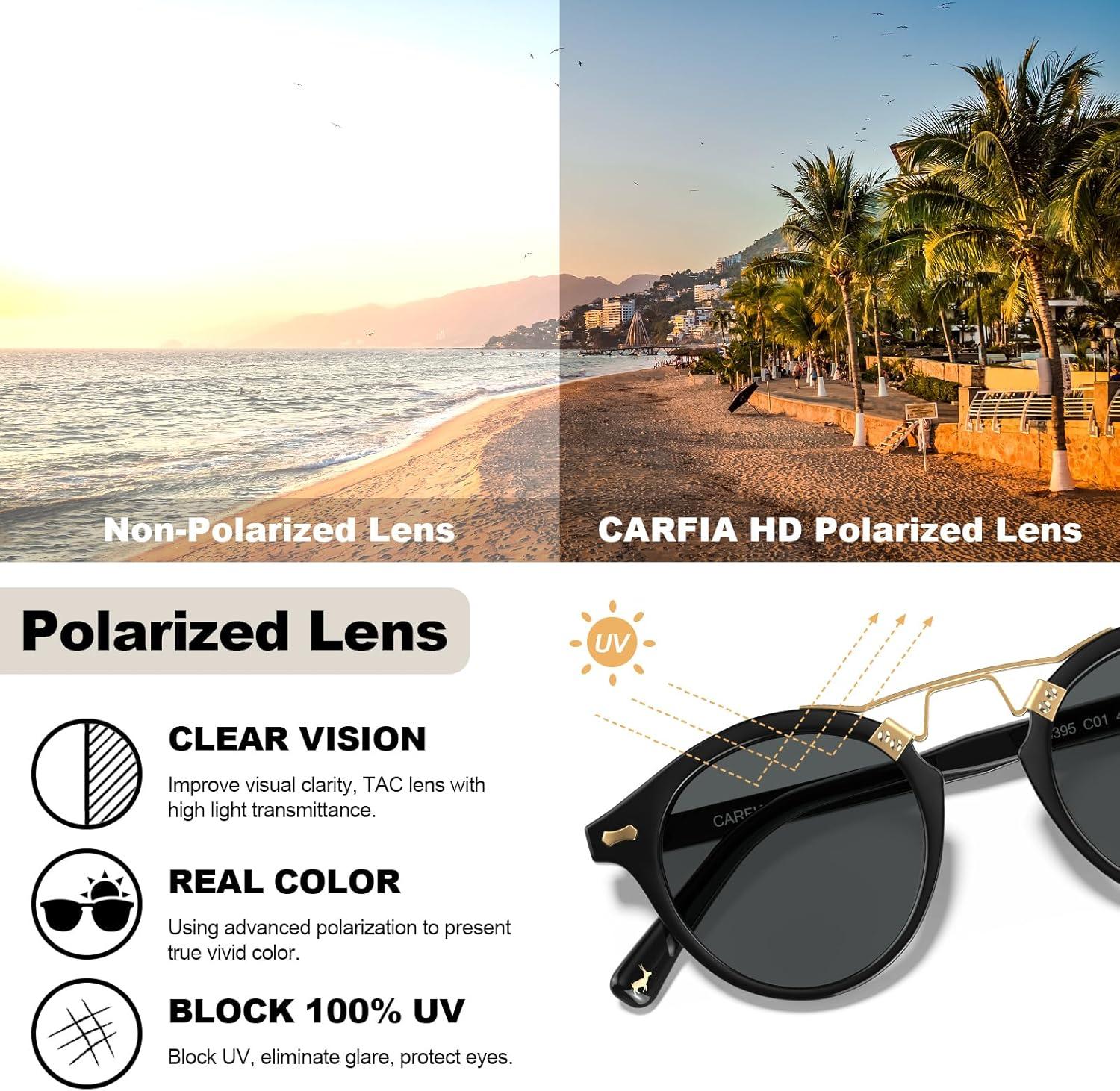 imageCARFIA Double Bridge Acetate Polarized Sunglasses for Men UV Protection Retro Cool Male Eyewears Metal Brow Round Sunnies1 Black Frame Grey Lens