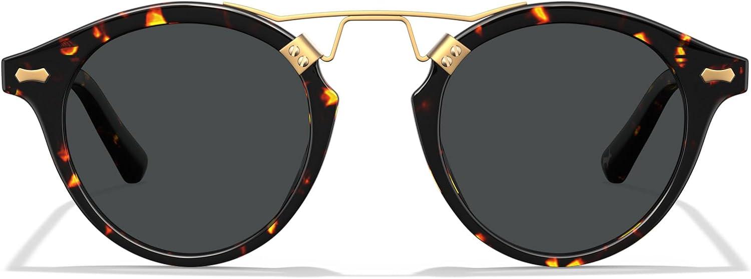 imageCARFIA Double Bridge Acetate Polarized Sunglasses for Men UV Protection Retro Cool Male Eyewears Metal Brow Round Sunnies20 Tortoise Frame Grey Lens