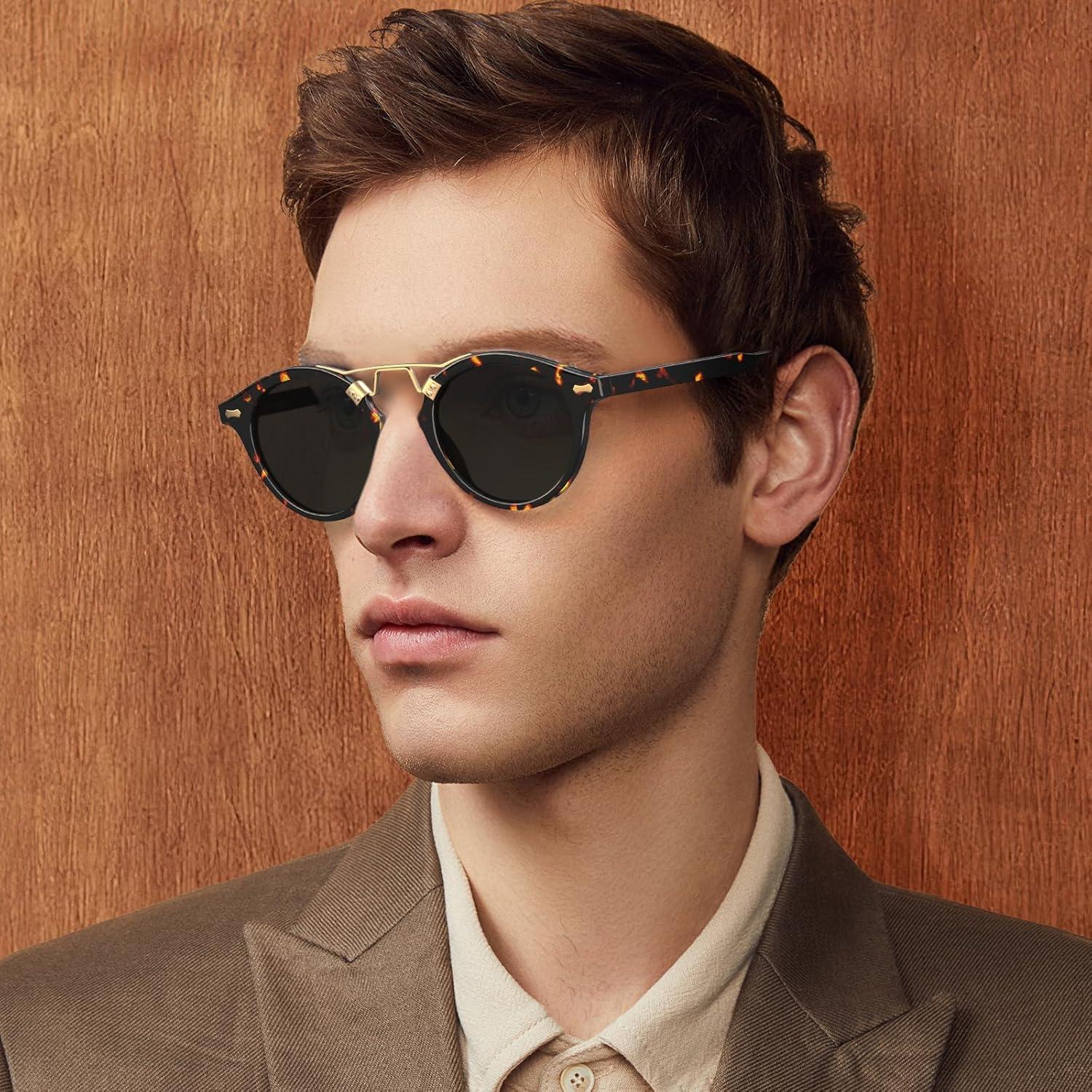 imageCARFIA Double Bridge Acetate Polarized Sunglasses for Men UV Protection Retro Cool Male Eyewears Metal Brow Round Sunnies20 Tortoise Frame Grey Lens