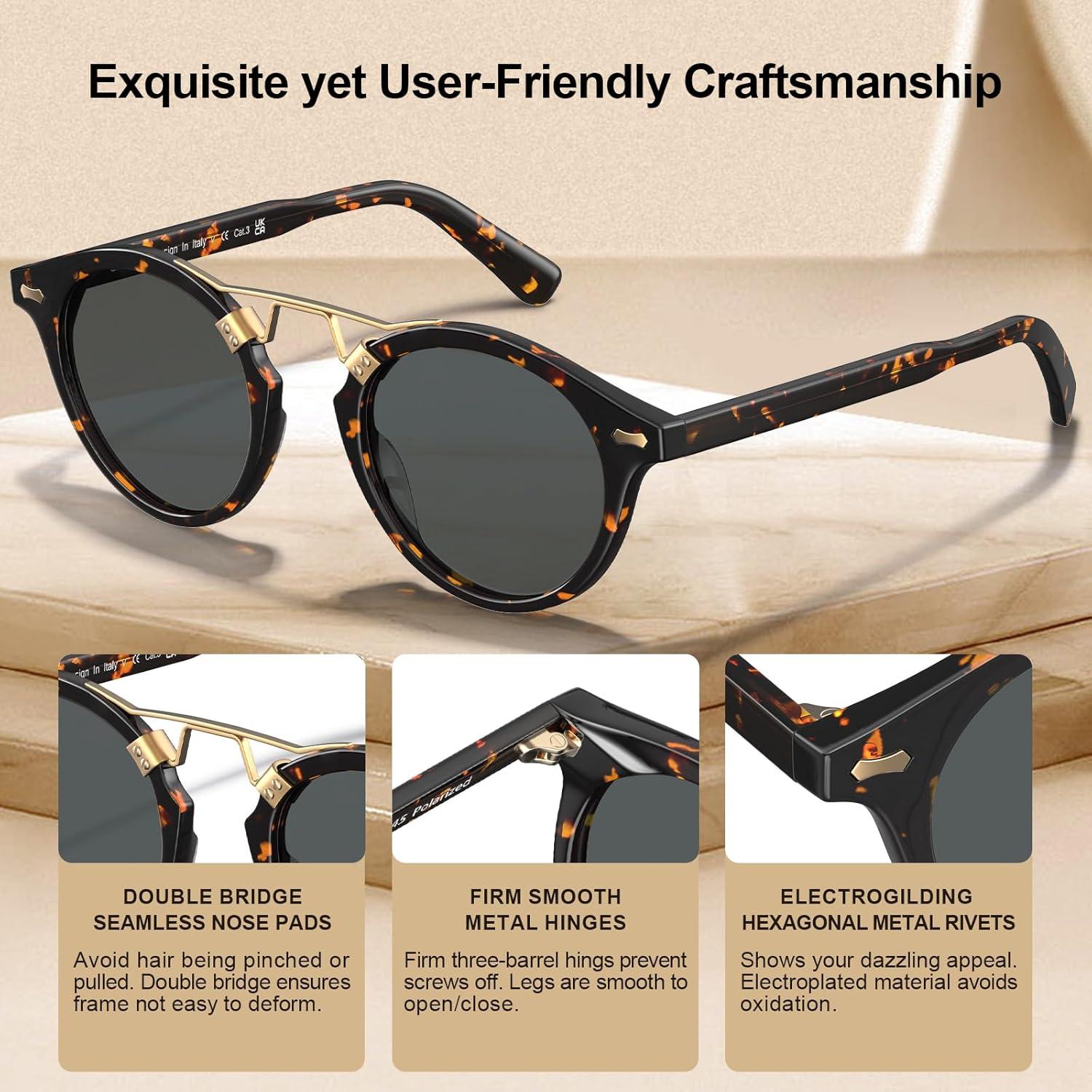 imageCARFIA Double Bridge Acetate Polarized Sunglasses for Men UV Protection Retro Cool Male Eyewears Metal Brow Round Sunnies20 Tortoise Frame Grey Lens
