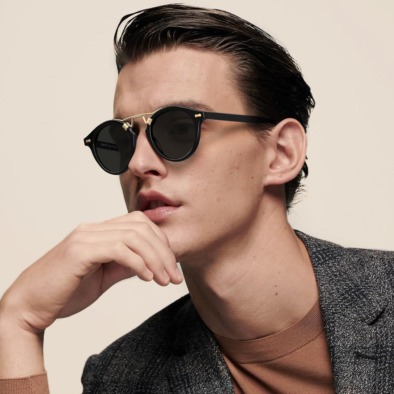 imageCARFIA Double Bridge Acetate Polarized Sunglasses for Men UV Protection Retro Cool Male Eyewears Metal Brow Round Sunnies20 Tortoise Frame Grey Lens