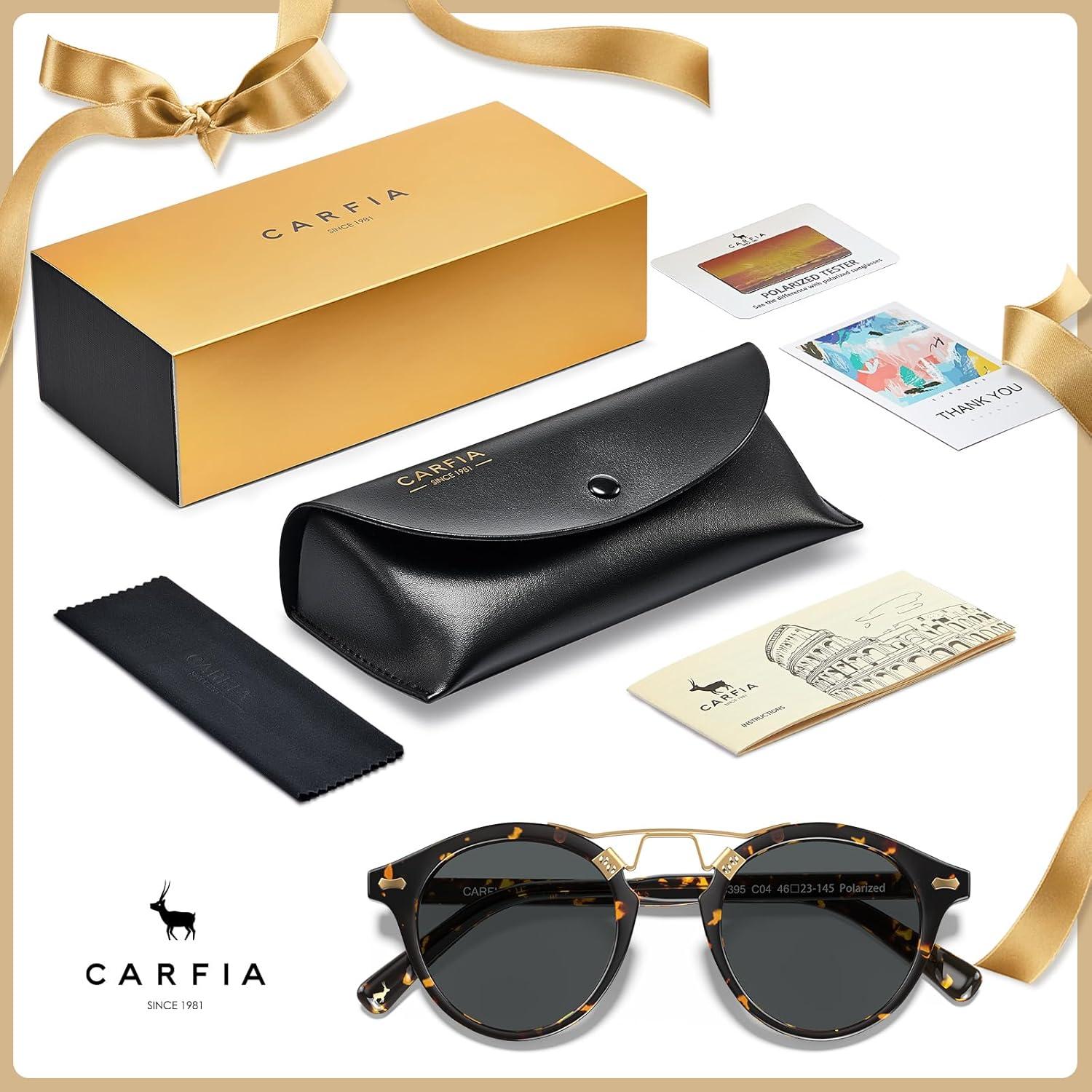 imageCARFIA Double Bridge Acetate Polarized Sunglasses for Men UV Protection Retro Cool Male Eyewears Metal Brow Round Sunnies20 Tortoise Frame Grey Lens