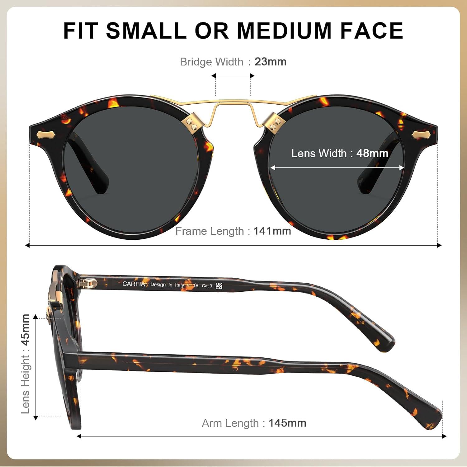 imageCARFIA Double Bridge Acetate Polarized Sunglasses for Men UV Protection Retro Cool Male Eyewears Metal Brow Round Sunnies20 Tortoise Frame Grey Lens