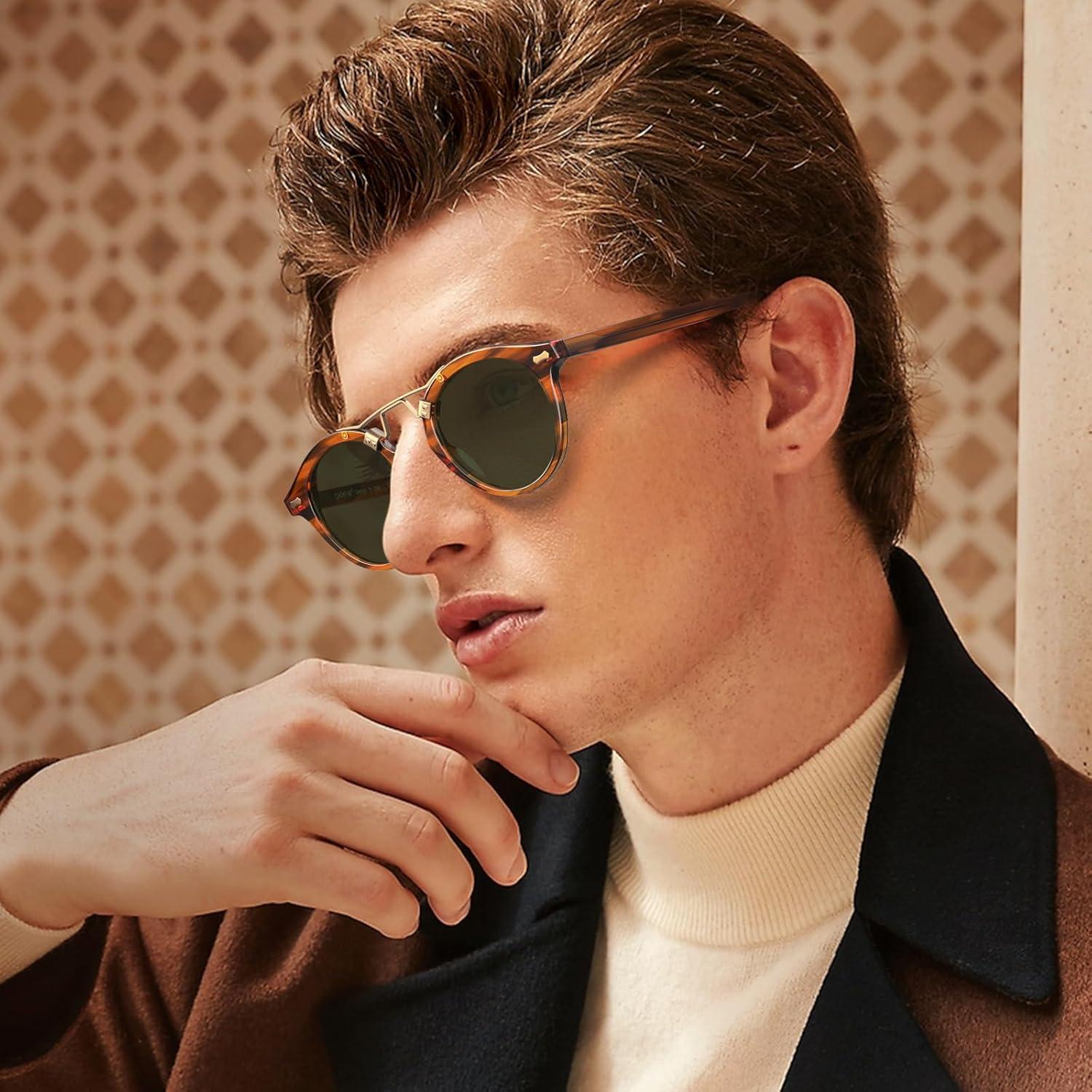 imageCARFIA Double Bridge Acetate Polarized Sunglasses for Men UV Protection Retro Cool Male Eyewears Metal Brow Round Sunnies21 Brown Striped Frame Green Lens