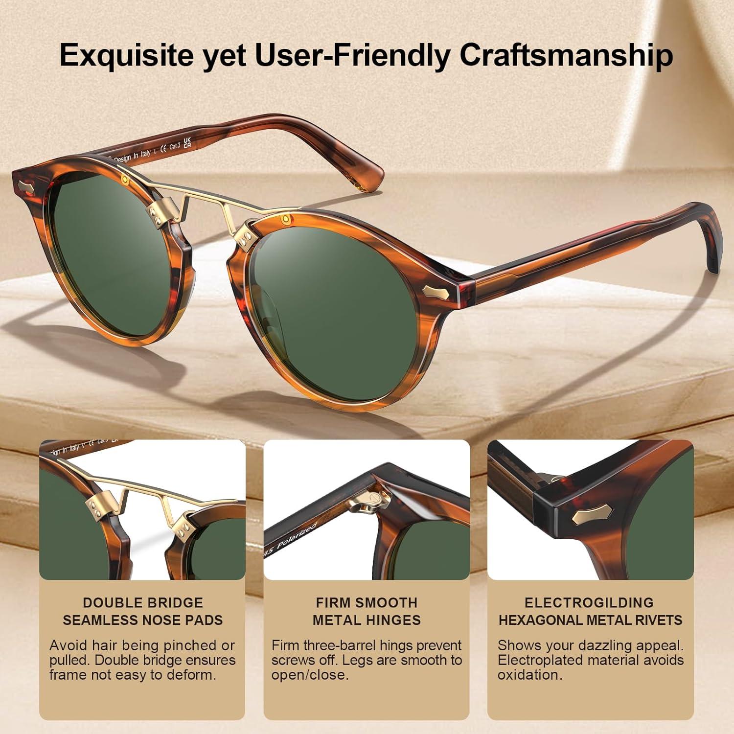 imageCARFIA Double Bridge Acetate Polarized Sunglasses for Men UV Protection Retro Cool Male Eyewears Metal Brow Round Sunnies21 Brown Striped Frame Green Lens