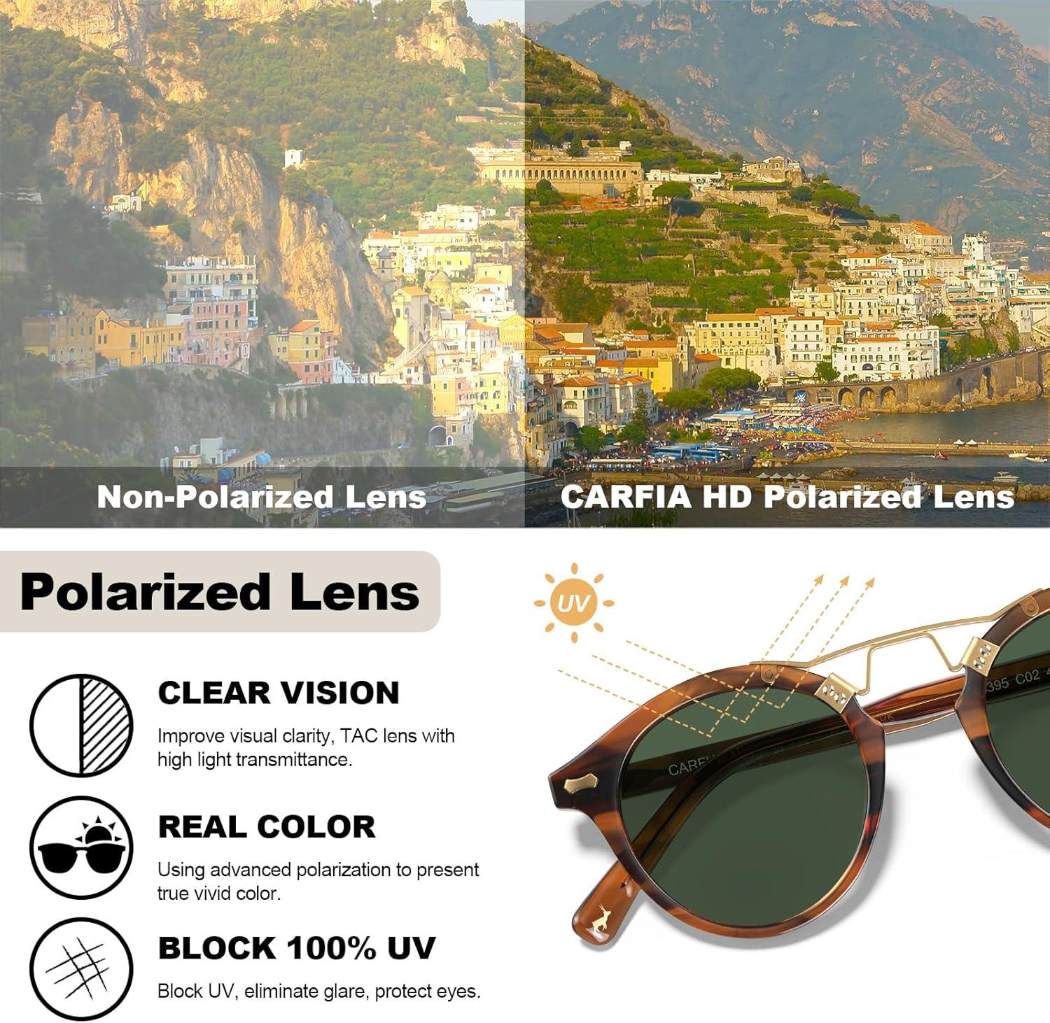 imageCARFIA Double Bridge Acetate Polarized Sunglasses for Men UV Protection Retro Cool Male Eyewears Metal Brow Round Sunnies21 Brown Striped Frame Green Lens