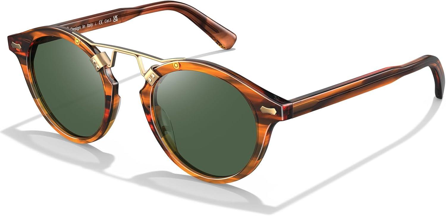 imageCARFIA Double Bridge Acetate Polarized Sunglasses for Men UV Protection Retro Cool Male Eyewears Metal Brow Round Sunnies21 Brown Striped Frame Green Lens