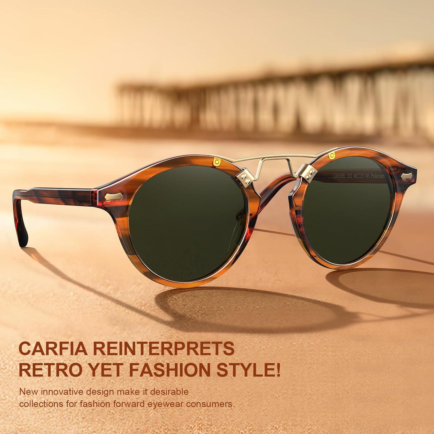 imageCARFIA Double Bridge Acetate Polarized Sunglasses for Men UV Protection Retro Cool Male Eyewears Metal Brow Round Sunnies21 Brown Striped Frame Green Lens