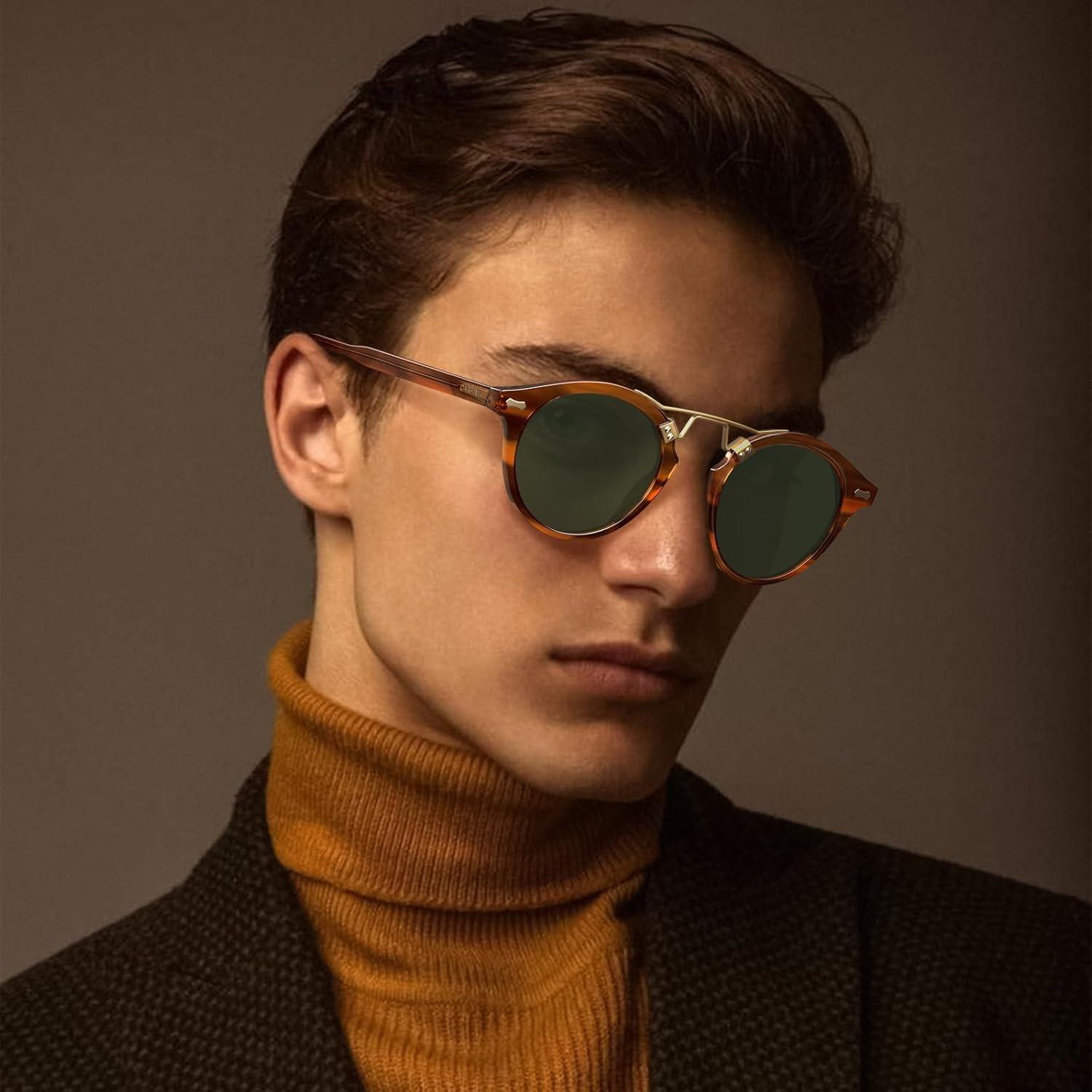 imageCARFIA Double Bridge Acetate Polarized Sunglasses for Men UV Protection Retro Cool Male Eyewears Metal Brow Round Sunnies21 Brown Striped Frame Green Lens