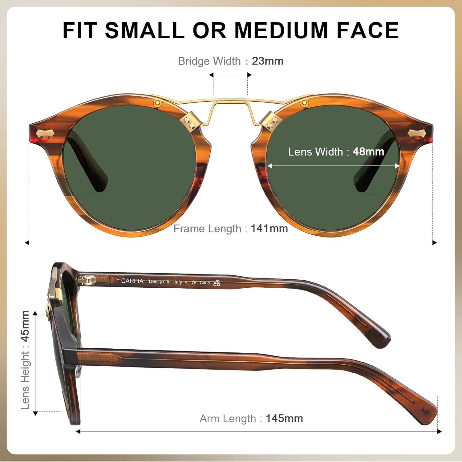 imageCARFIA Double Bridge Acetate Polarized Sunglasses for Men UV Protection Retro Cool Male Eyewears Metal Brow Round Sunnies21 Brown Striped Frame Green Lens
