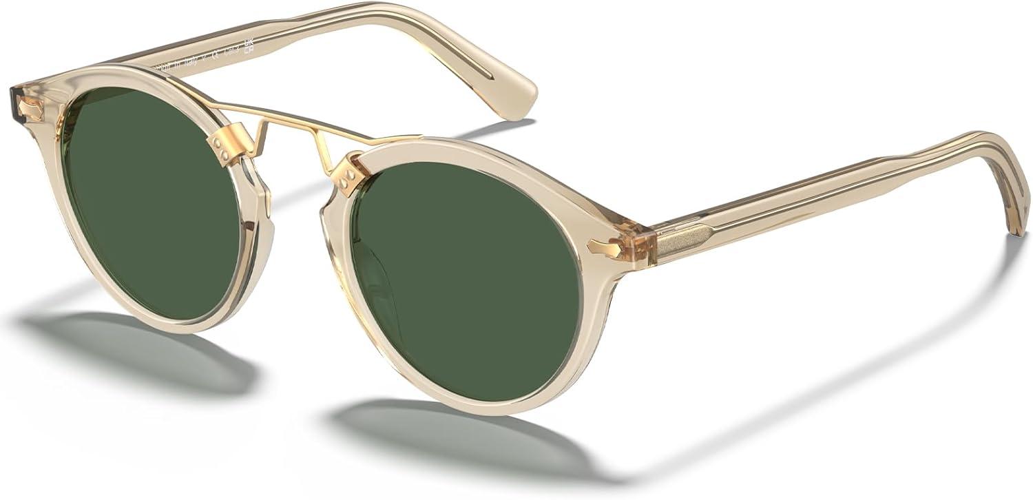 imageCARFIA Double Bridge Acetate Polarized Sunglasses for Men UV Protection Retro Cool Male Eyewears Metal Brow Round Sunnies21 Clear Yellow Frame Green Lens