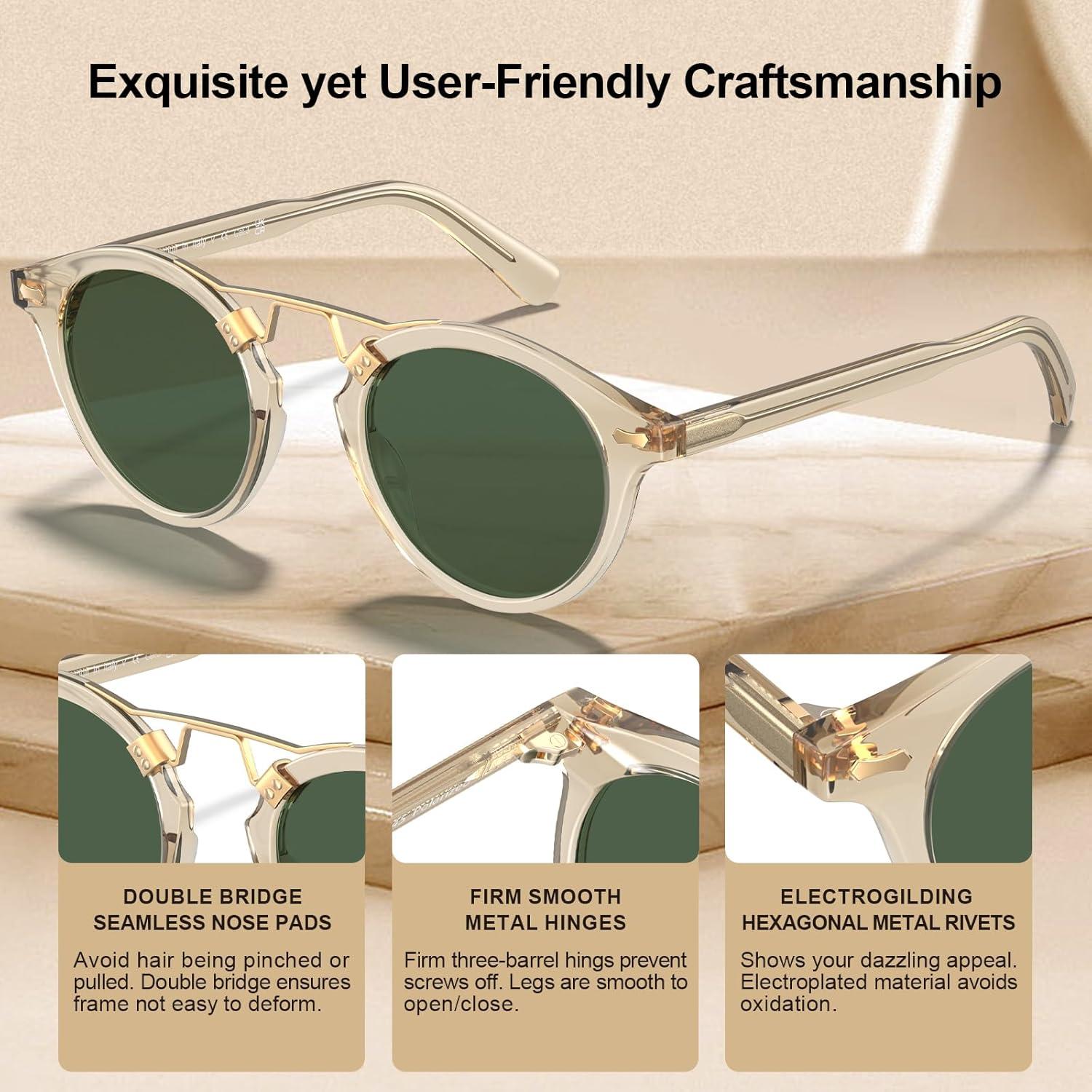 imageCARFIA Double Bridge Acetate Polarized Sunglasses for Men UV Protection Retro Cool Male Eyewears Metal Brow Round Sunnies21 Clear Yellow Frame Green Lens