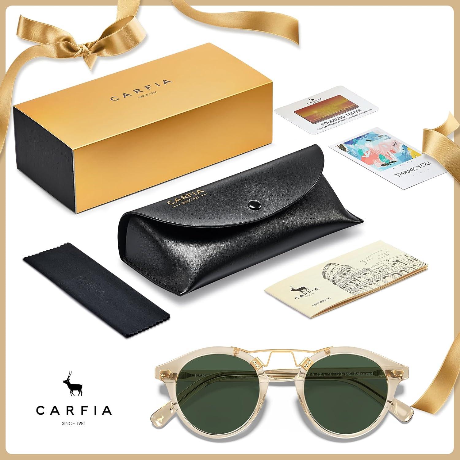 imageCARFIA Double Bridge Acetate Polarized Sunglasses for Men UV Protection Retro Cool Male Eyewears Metal Brow Round Sunnies21 Clear Yellow Frame Green Lens