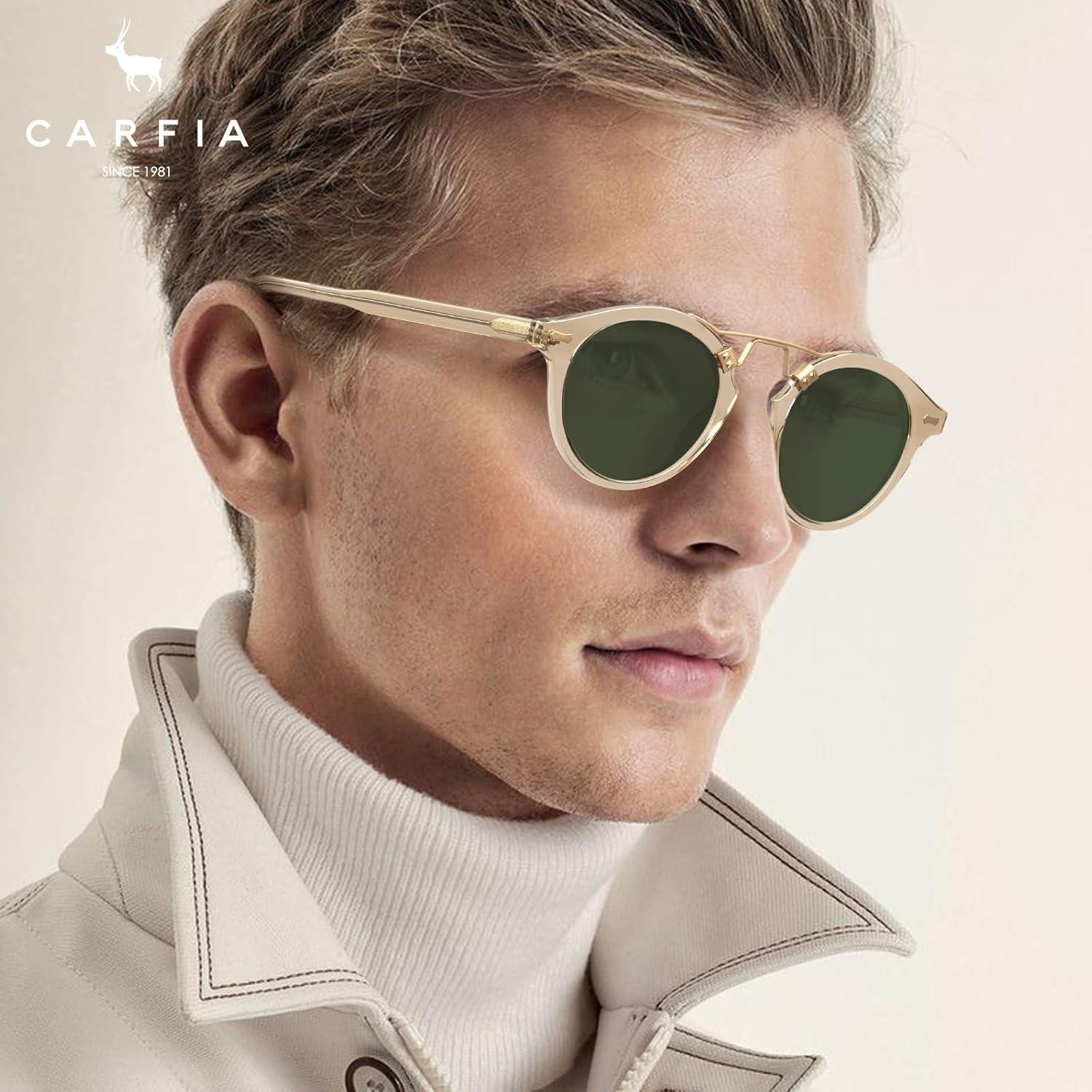 imageCARFIA Double Bridge Acetate Polarized Sunglasses for Men UV Protection Retro Cool Male Eyewears Metal Brow Round Sunnies21 Clear Yellow Frame Green Lens