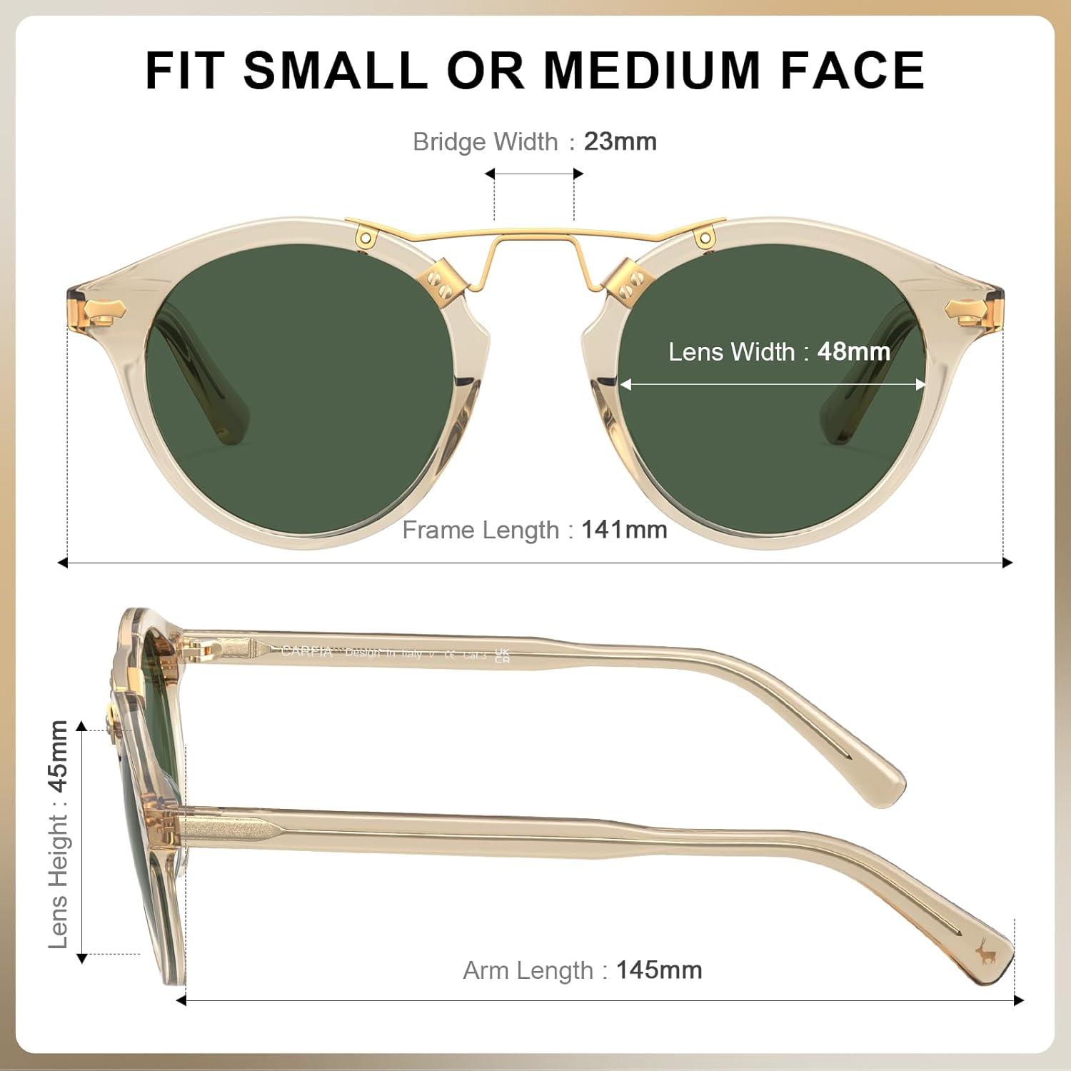 imageCARFIA Double Bridge Acetate Polarized Sunglasses for Men UV Protection Retro Cool Male Eyewears Metal Brow Round Sunnies21 Clear Yellow Frame Green Lens