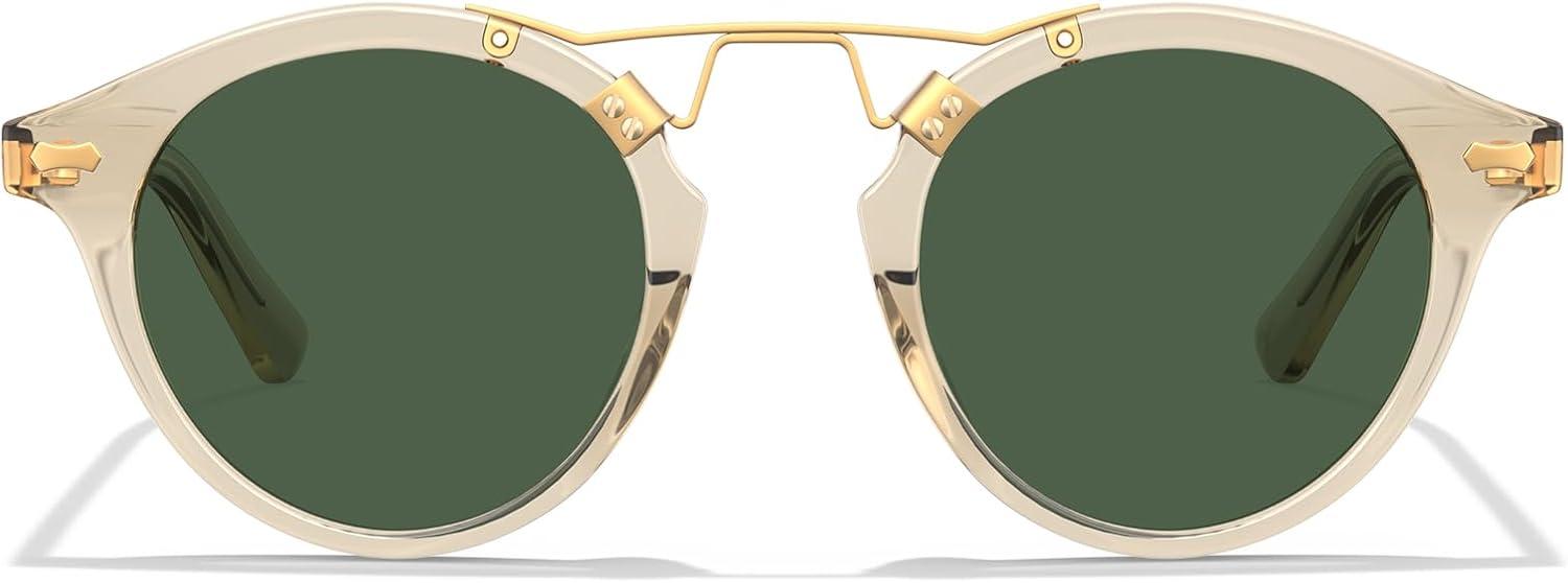 imageCARFIA Double Bridge Acetate Polarized Sunglasses for Men UV Protection Retro Cool Male Eyewears Metal Brow Round Sunnies21 Clear Yellow Frame Green Lens