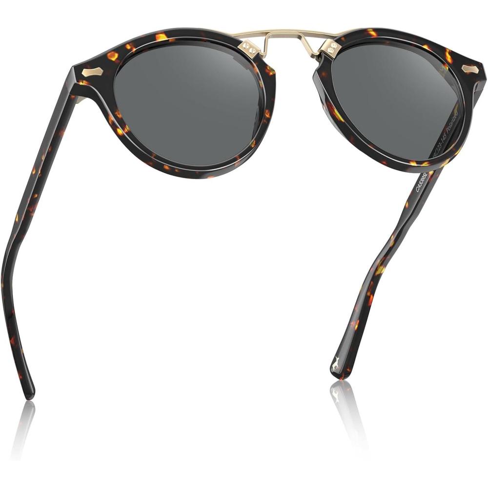 imageCARFIA Double Bridge Acetate Polarized Sunglasses for Men UV Protection Retro Cool Male Eyewears Metal Brow Round Sunnies94 Light Tortoise Frame Grey Lens