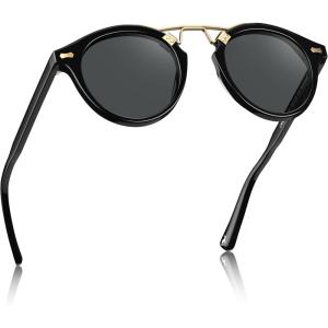 imageCARFIA Double Bridge Acetate Polarized Sunglasses for Men UV Protection Retro Cool Male Eyewears Metal Brow Round Sunnies1 Black Frame Grey Lens