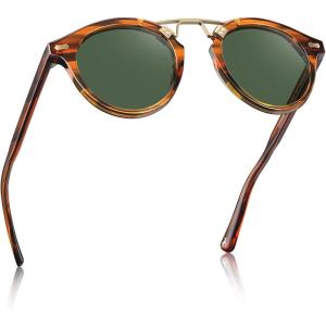 imageCARFIA Double Bridge Acetate Polarized Sunglasses for Men UV Protection Retro Cool Male Eyewears Metal Brow Round Sunnies21 Brown Striped Frame Green Lens