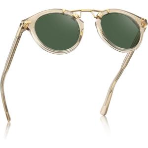 imageCARFIA Double Bridge Acetate Polarized Sunglasses for Men UV Protection Retro Cool Male Eyewears Metal Brow Round Sunnies21 Clear Yellow Frame Green Lens