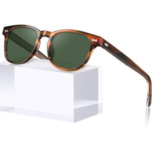 imageCARFIA Modern Retro Polarized Sunglasses for Men Handcrafted Acetate Frame Classic Square Sun Glasses CA213222 Brown Striped Frame Green Lenses