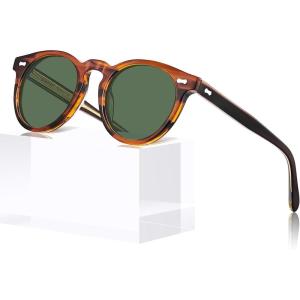 imageCARFIA Retro Acetate Polarized Sunglasses for Men UV Protection Vintage Round Frame Eyewear with Gold Filigree CA5506A Striped Brown Frame Green Lens