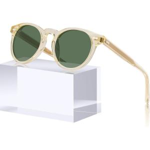 imageCARFIA Retro Acetate Polarized Sunglasses for Men UV Protection Vintage Round Frame Eyewear with Gold Filigree CA5506C Light Yellow Transparent Frame Green Lens