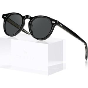 imageCARFIA Retro Acetate Polarized Sunglasses for Men UV Protection Vintage Round Frame Eyewear with Gold Filigree CA5506E Black Frame Gray Lens