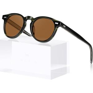 imageCARFIA Retro Acetate Polarized Sunglasses for Men UV Protection Vintage Round Frame Eyewear with Gold Filigree CA5506F Green Black Swirled Frame Brown Lens