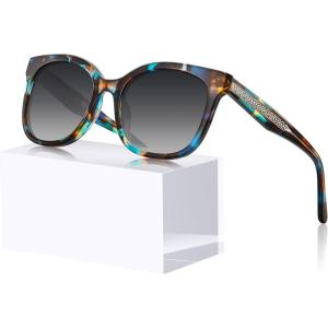 imageCARFIA Cat Eye Acetate Polarized Sunglasses for Women UV Protection Retro Ladies Eyewears with Embossed Pattern Wire Core1 Blue Tortoise Frame  Gradient Grey Lens