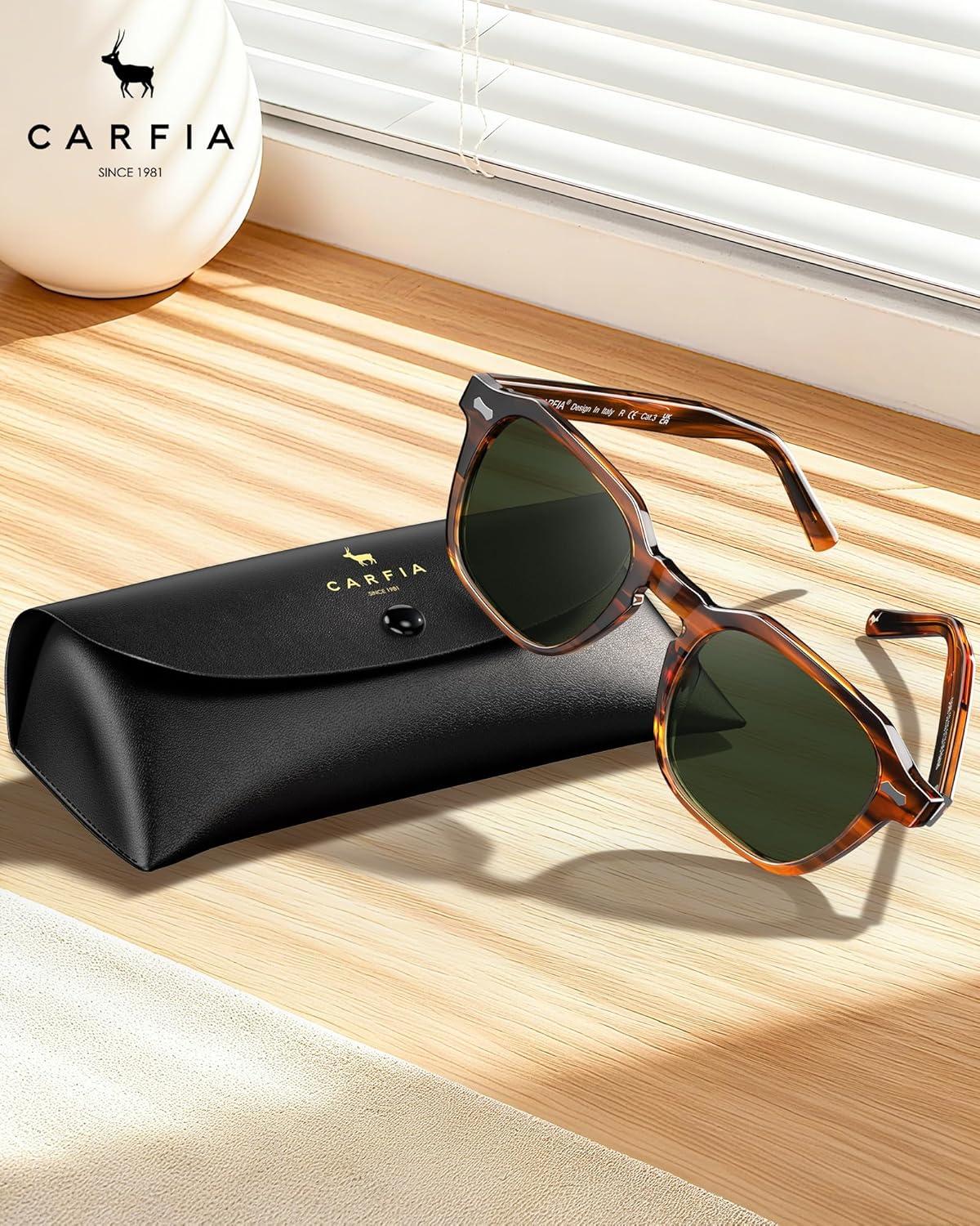 imageCARFIA Polarized Sunglasses for Men UV400 Protection Retro Sun Glasses with Acetate Square Frame for Driving Fishing CA5405A Striped Frame Green Lens