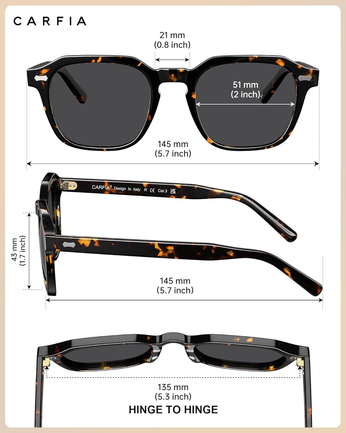 imageCARFIA Polarized Sunglasses for Men UV400 Protection Retro Sun Glasses with Acetate Square Frame for Driving Fishing CA5405B Tortoiseshell Frame Gray Lens