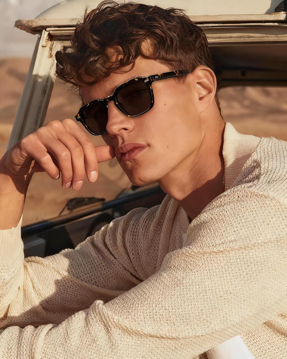 imageCARFIA Polarized Sunglasses for Men UV400 Protection Retro Sun Glasses with Acetate Square Frame for Driving Fishing CA5405B Tortoiseshell Frame Gray Lens