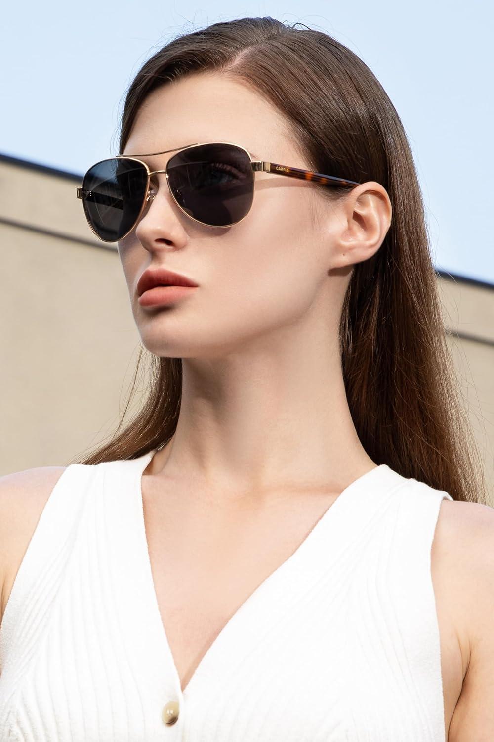 imageCARFIA Polarized Sunglasses for Women UV Protection Acetate Arms Metal Frame Womans Shades CA32163 Grey Lens Tortoise Arm