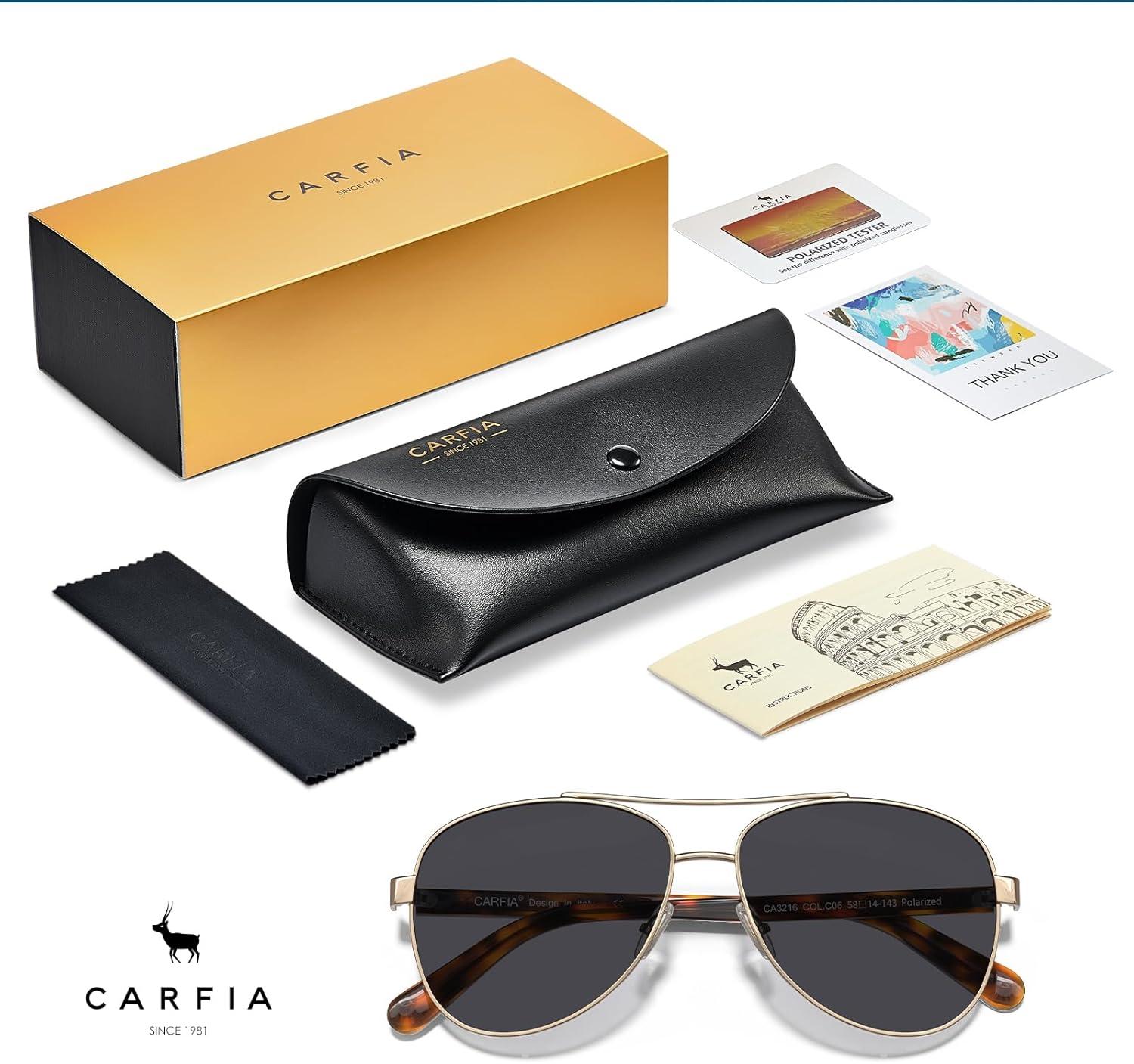 imageCARFIA Polarized Sunglasses for Women UV Protection Acetate Arms Metal Frame Womans Shades CA32163 Grey Lens Tortoise Arm