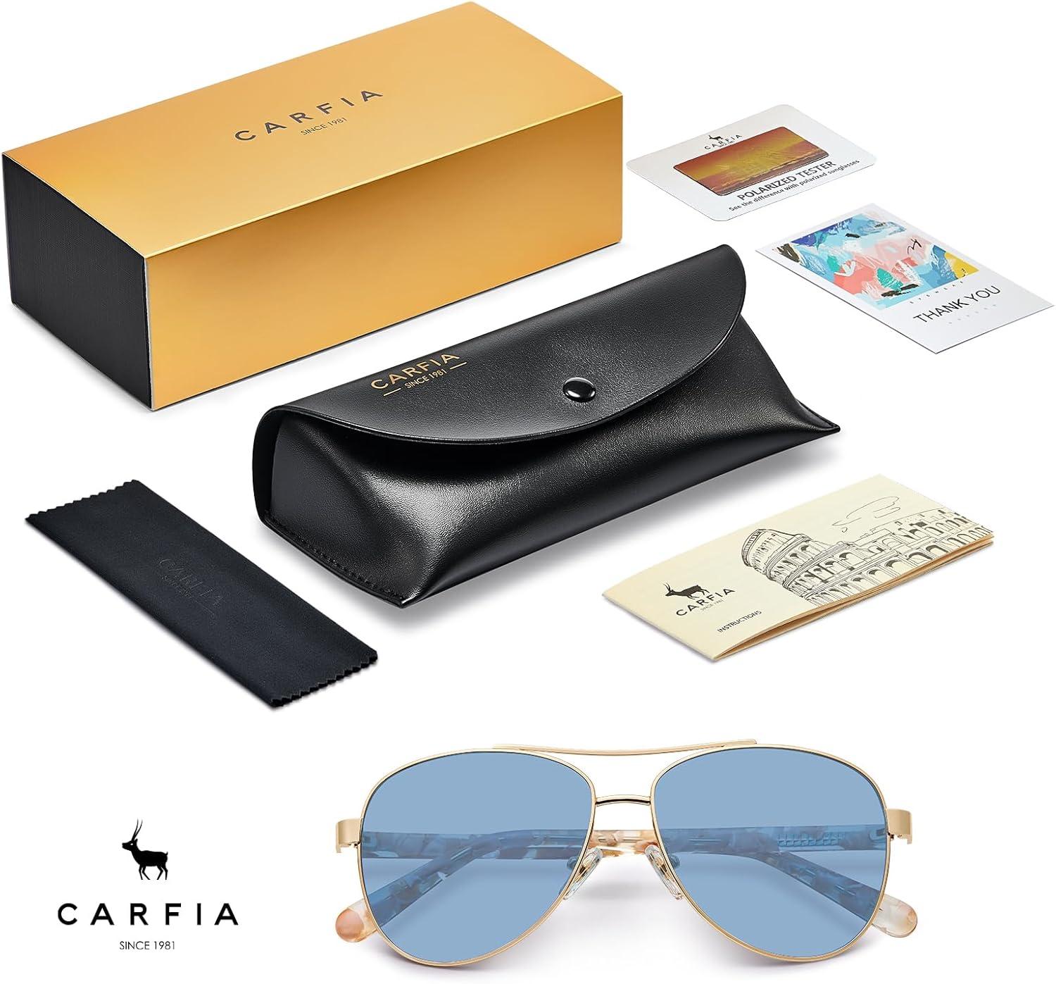 imageCARFIA Polarized Sunglasses for Women UV Protection Acetate Arms Metal Frame Womans Shades CA32167 Grade 2 Light Blue Lens Pink Tortoise Arm