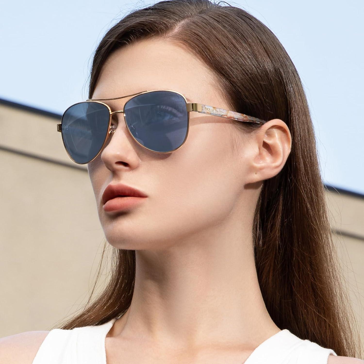 imageCARFIA Polarized Sunglasses for Women UV Protection Acetate Arms Metal Frame Womans Shades CA32167 Grade 2 Light Blue Lens Pink Tortoise Arm