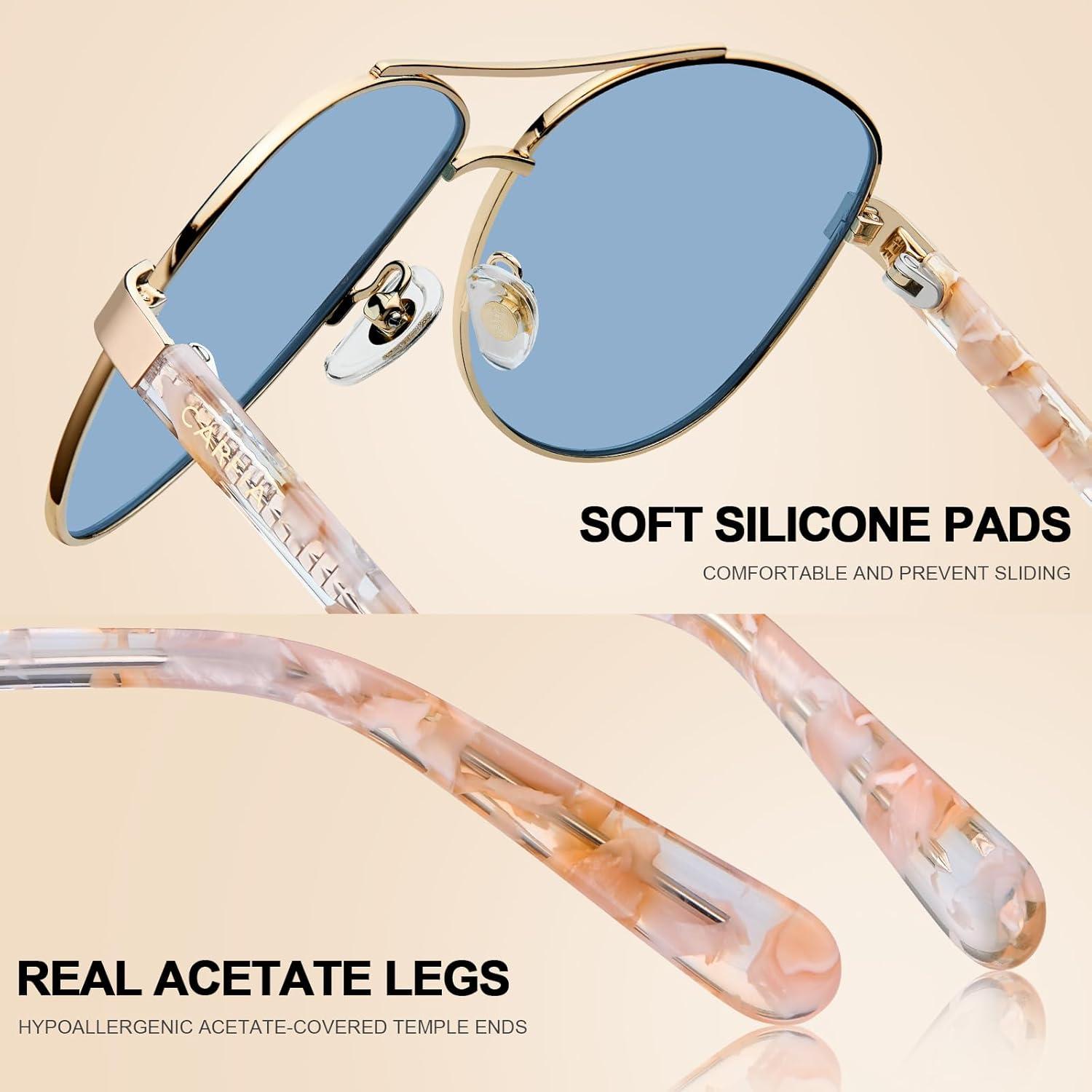 imageCARFIA Polarized Sunglasses for Women UV Protection Acetate Arms Metal Frame Womans Shades CA32167 Grade 2 Light Blue Lens Pink Tortoise Arm