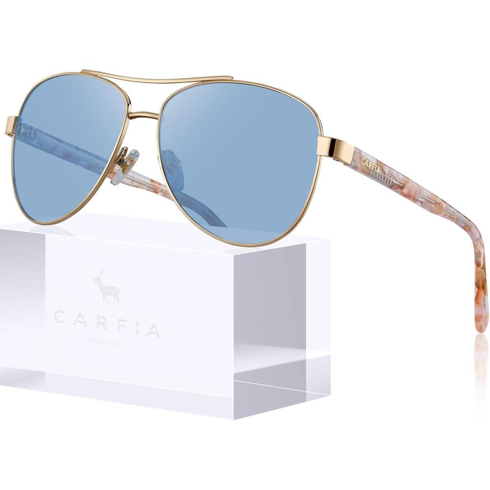 imageCARFIA Polarized Sunglasses for Women UV Protection Acetate Arms Metal Frame Womans Shades CA32167 Grade 2 Light Blue Lens Pink Tortoise Arm