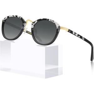 imageCARFIA Acetate Metal Bridge Sunglasses for Women Polarized UV Protection Retro Fashion Ladies Sunnies Round Shades Eyewears1 White Tortoise Frame Gradient Grey Lens