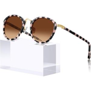imageCARFIA Acetate Metal Bridge Sunglasses for Women Polarized UV Protection Retro Fashion Ladies Sunnies Round Shades Eyewears2 Pink Black Checkers Frame Gradient Brown Lens