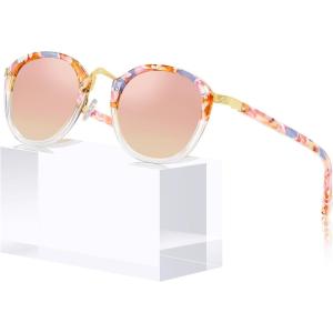 imageCARFIA Acetate Metal Bridge Sunglasses for Women Polarized UV Protection Retro Fashion Ladies Sunnies Round Shades Eyewears4 Pink White Tortoise Frame Pink Mirror