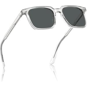 imageCARFIA Retro Cool Acetate Sunglasses for Men Polarized UV Protection Trendy Square Male Sunnies Outdoor Driving Eyewears4 Transparent Frame Grey Lens