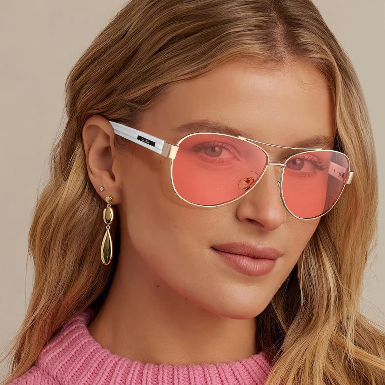 imageCARFIA Lightweight Retro Pilot Sunglasses for Women Polarized UV Protection Trendy Outdoor Driving Lady Sunnies Metal Frame3 Gold Frame Rose Colored Lens