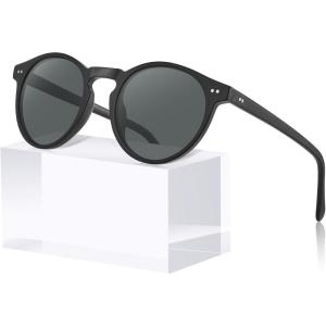 imageCARFIA Acetate Vintage Round Polarized Sunglasses for Men UV400 Lenses Handcrafted Frame1 Matte Black Frame  Grey Lens