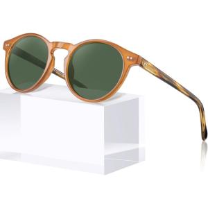imageCARFIA Acetate Vintage Round Polarized Sunglasses for Men UV400 Lenses Handcrafted Frame8 Orange Frame  Green Lens