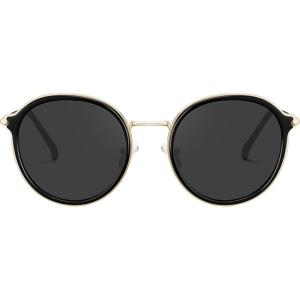imageCARFIA Retro Acetate Polarized Sunglasses for Women UV Protection Fashion Metal Brow Ladies Shades Eyewears Round Sunnies1 Black Frame and Grey Lens