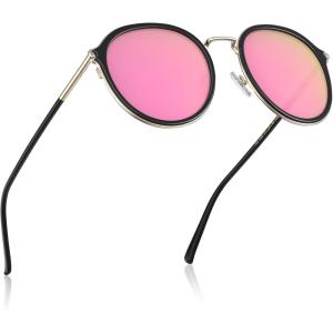 imageCARFIA Retro Acetate Polarized Sunglasses for Women UV Protection Fashion Metal Brow Ladies Shades Eyewears Round Sunnies3 Black Frame Pink Mirrored Lens