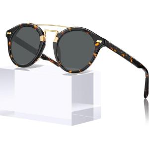 imageCARFIA Small Face Acetate Double Bridge Sunglasses for Women Polarized UV Protection Retro Metal Brow Eyewears Round Sunnies4 Yellow Tortoise Frame Grey Lens